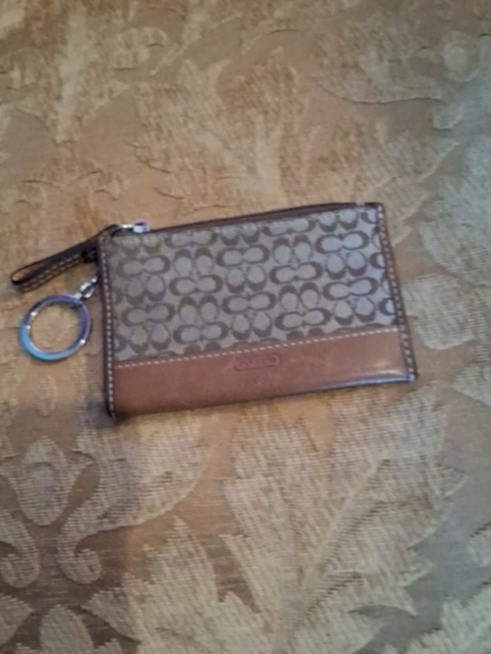 Coach Monogram Canvas Card Case with Brown Leather Trim and Key Ring